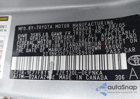 2006 Toyota Corolla Le from USA, damaged, VIN 2T1BR32E76C569497